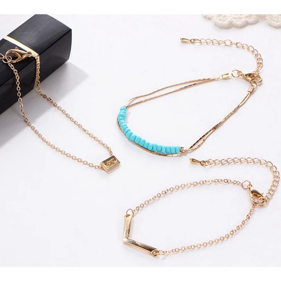 NEW Women's 3 Piece Bracelet Set, Adjustable, Gold & Turquoise, Adjustable - Picture 2 of 10